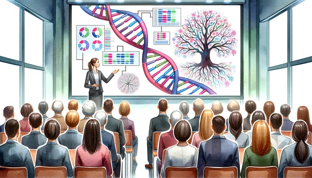 Showing a lady giving a presentation on DNA and genealogy