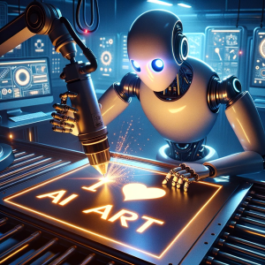Robot creating a sign that says "I love AI art"