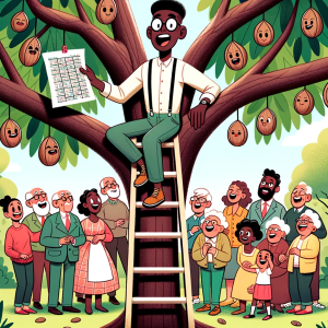 Genealogist on ladder at family tree reunion looking for nuts