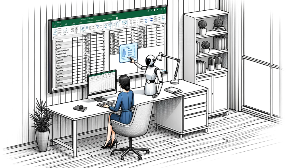 Robot teaching woman how to use Excel